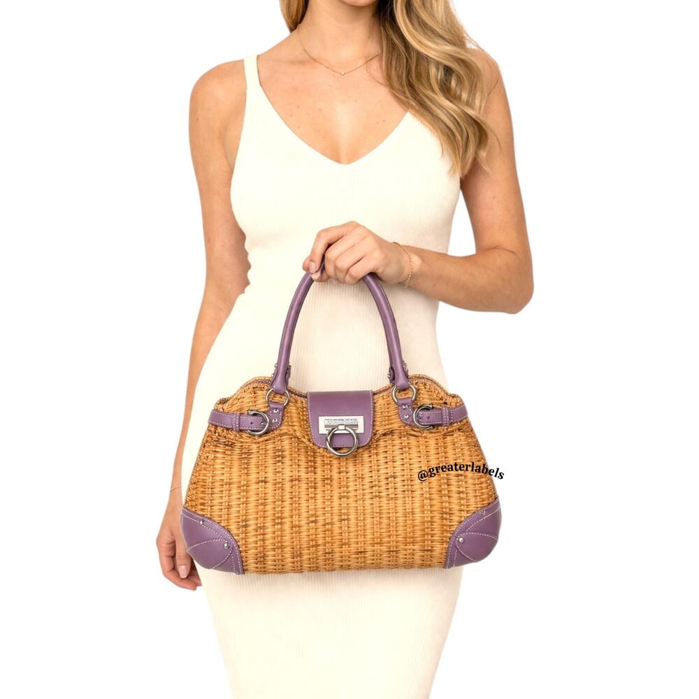 Salvatore Ferragamo Vintage Wicker & Purple Leather Gancini Top Handle Bag RARE - Picture 2 of 15